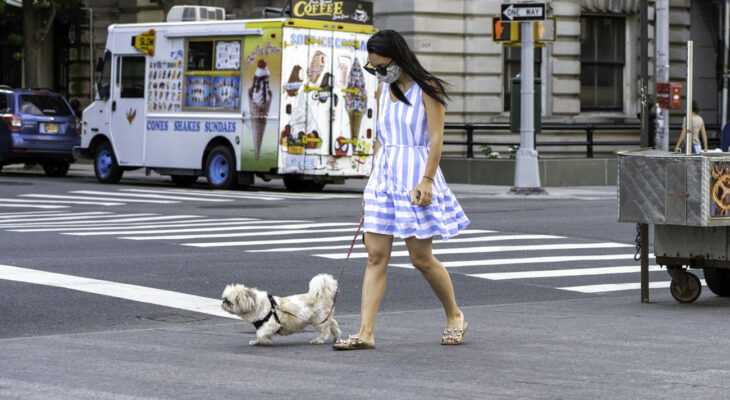 woman wearing a face mask during a pandemic with an ice cream truck in the vicinity