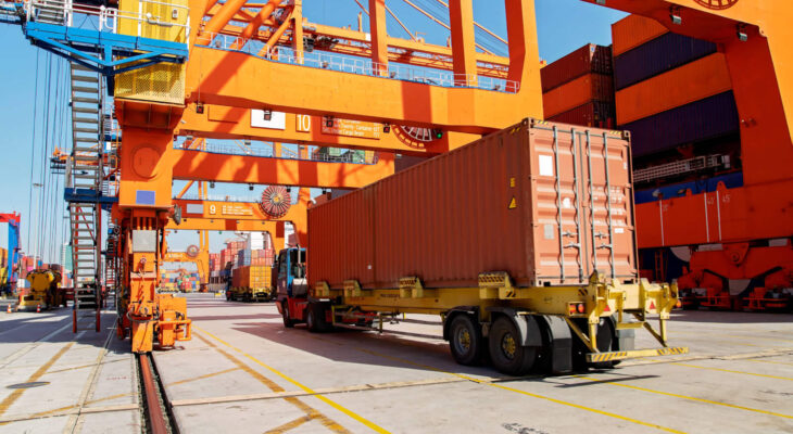 semi trailer truck at port to unload containers