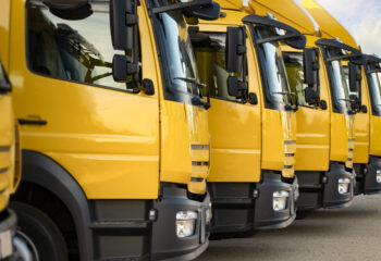 yellow day cab trucks parked in a row
