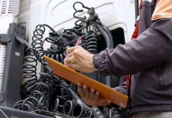 truck driver holding a clipboard while inspecting the engine of a day cab truck for daily safetycheck