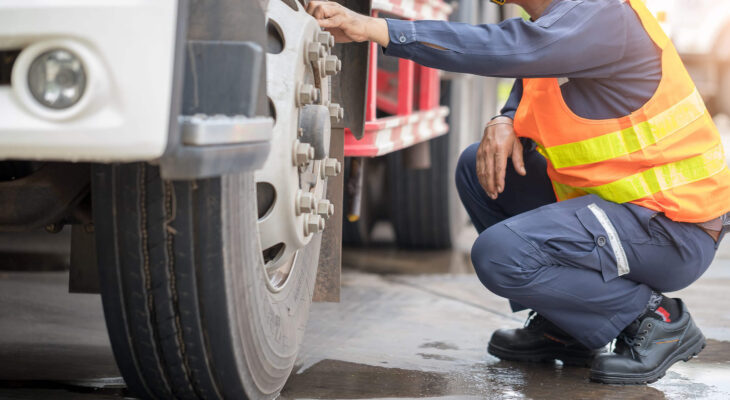 truck inspector checking a semi truck before transporting goods