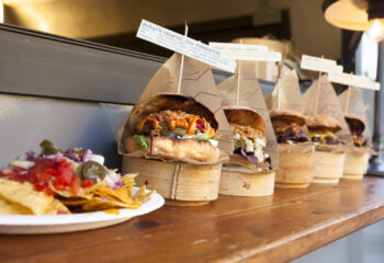 vegan hamburgers displayed in a vegan food truck