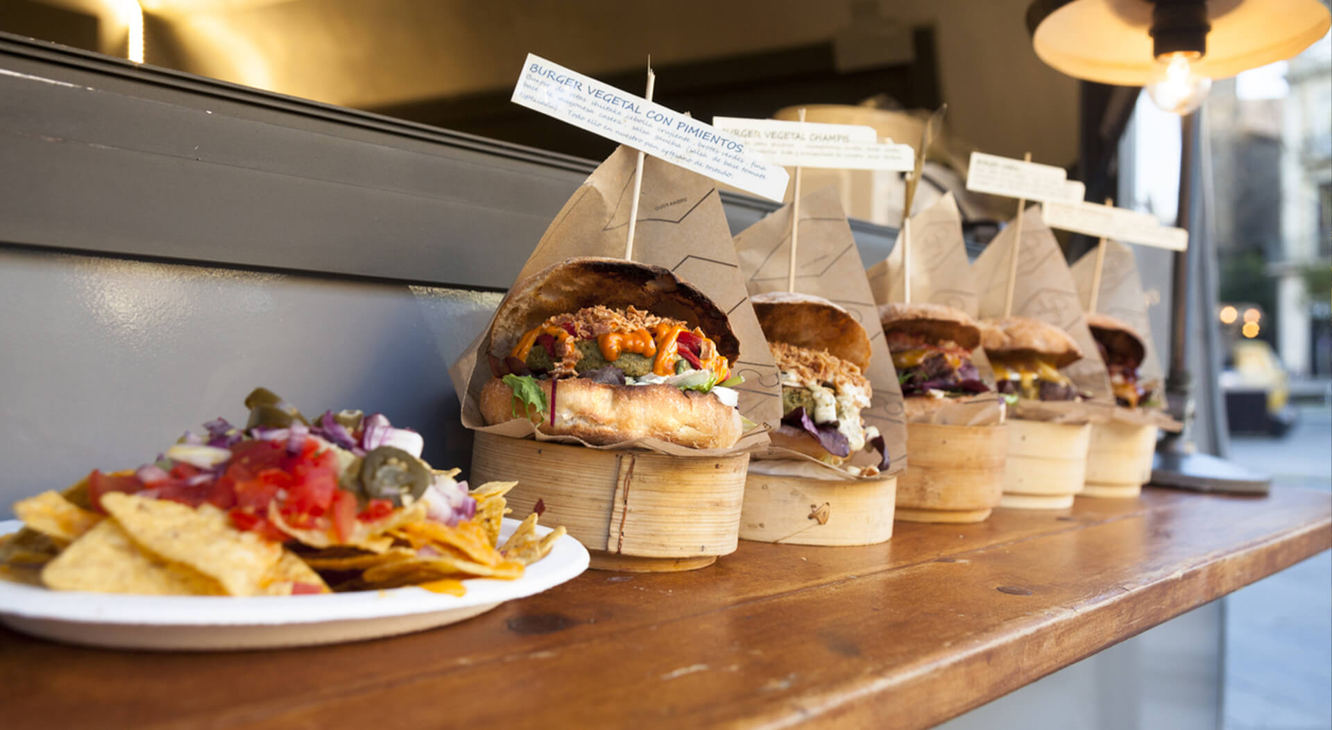 vegan hamburgers displayed in a vegan food truck