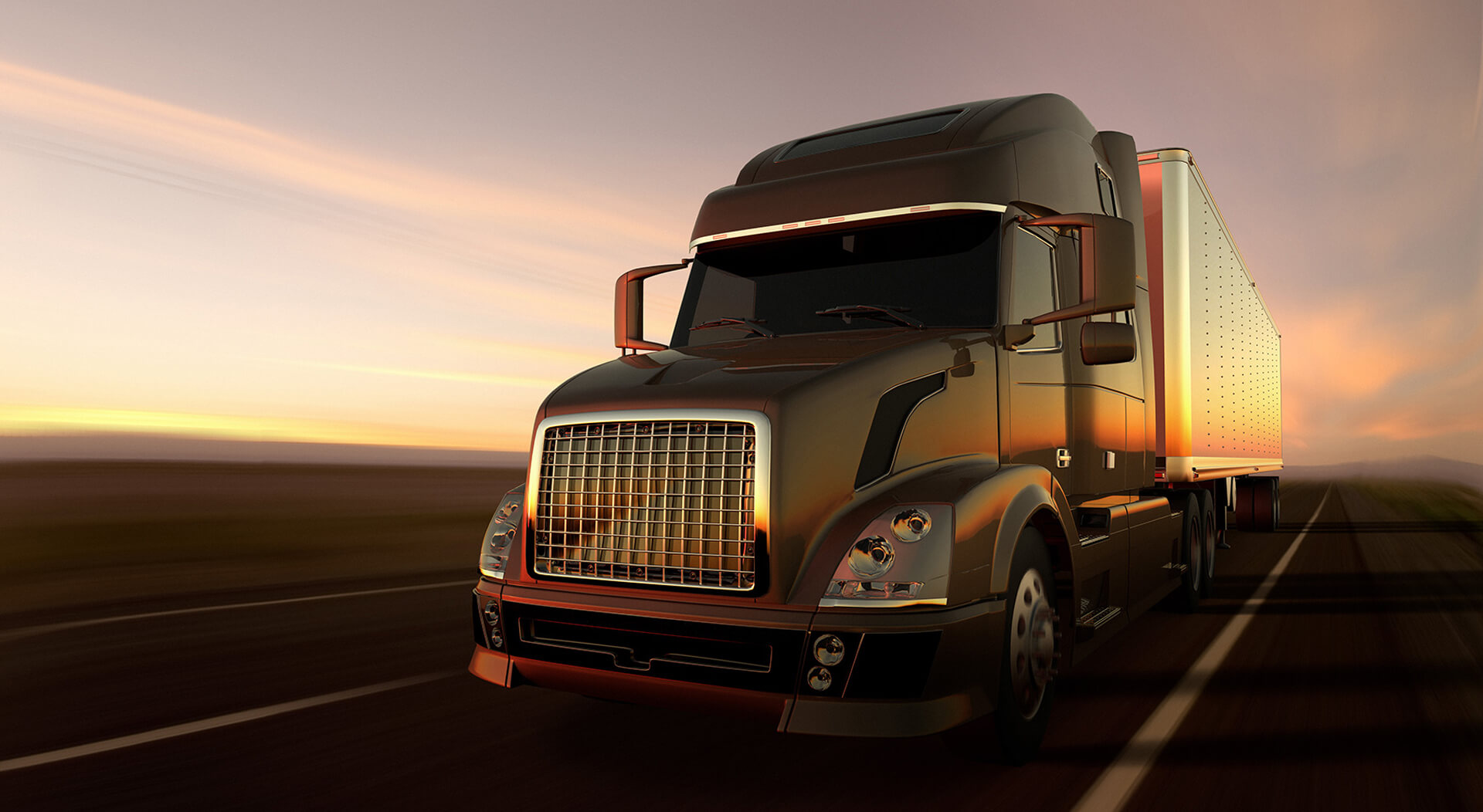 semi truck in a deserted road at dusk with visible truck lights