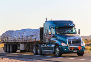 semi-trailer truck Freightliner Cascadia drives at the interurban freeway