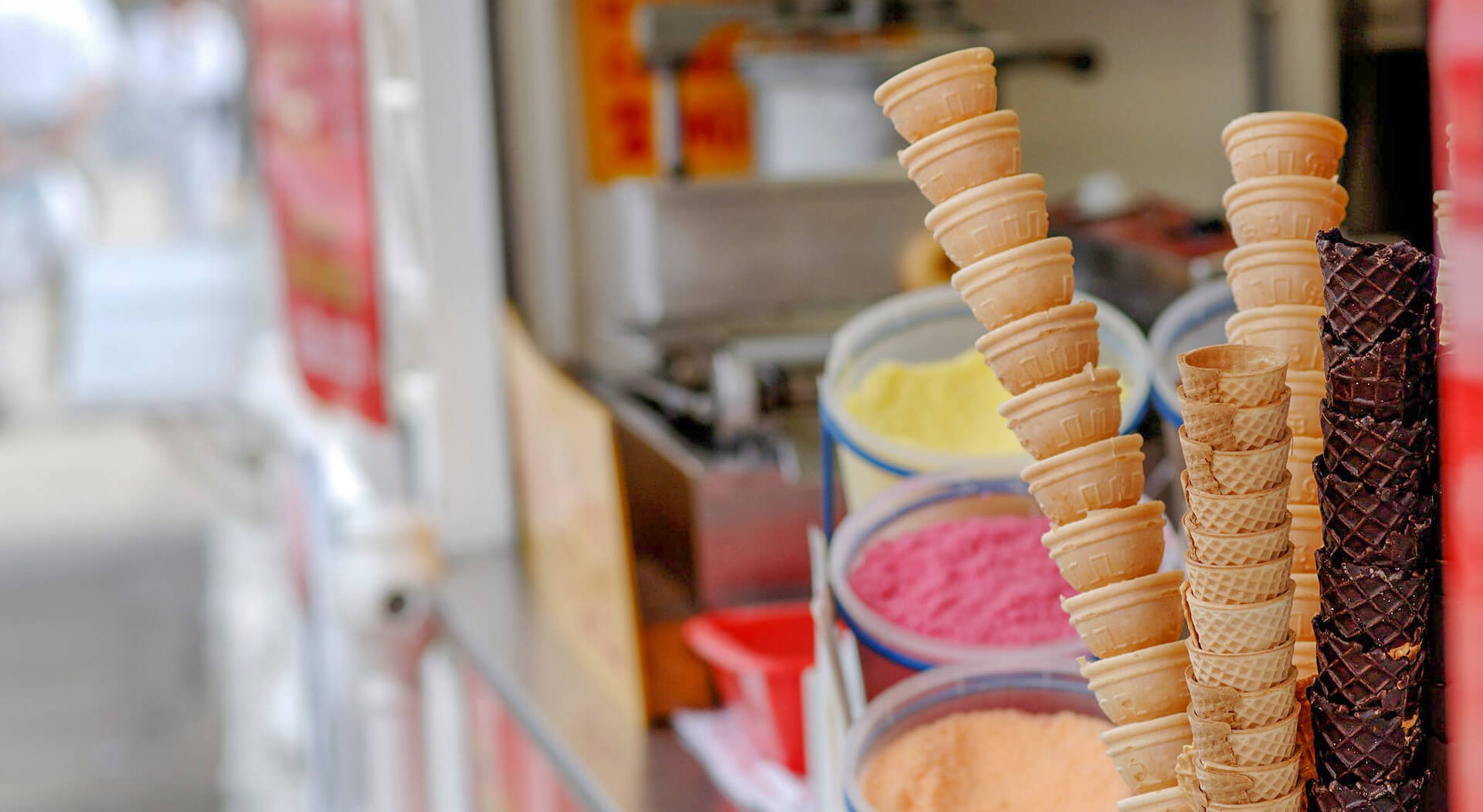 ice cream cones displayed in an ice cream van