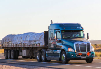 semi-trailer truck Freightliner Cascadia drives at the interurban freeway