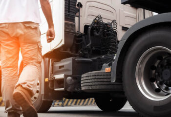 a truck driver walking around semi truck with big tires, inspecting and doing safety check