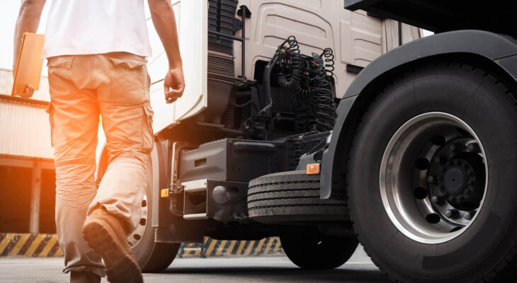 a truck driver walking around semi truck with big tires, inspecting and doing safety check