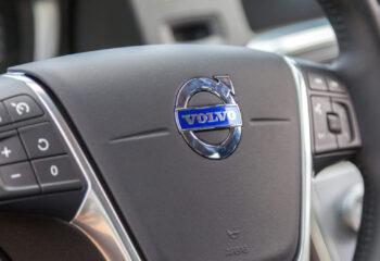 steering wheel on a volvo semi truck cockpit