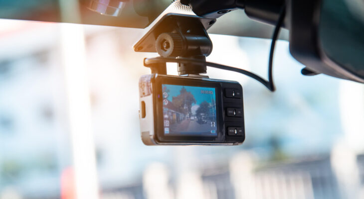 truck dash cam attached to the windshield to record driving and prevent danger from driving