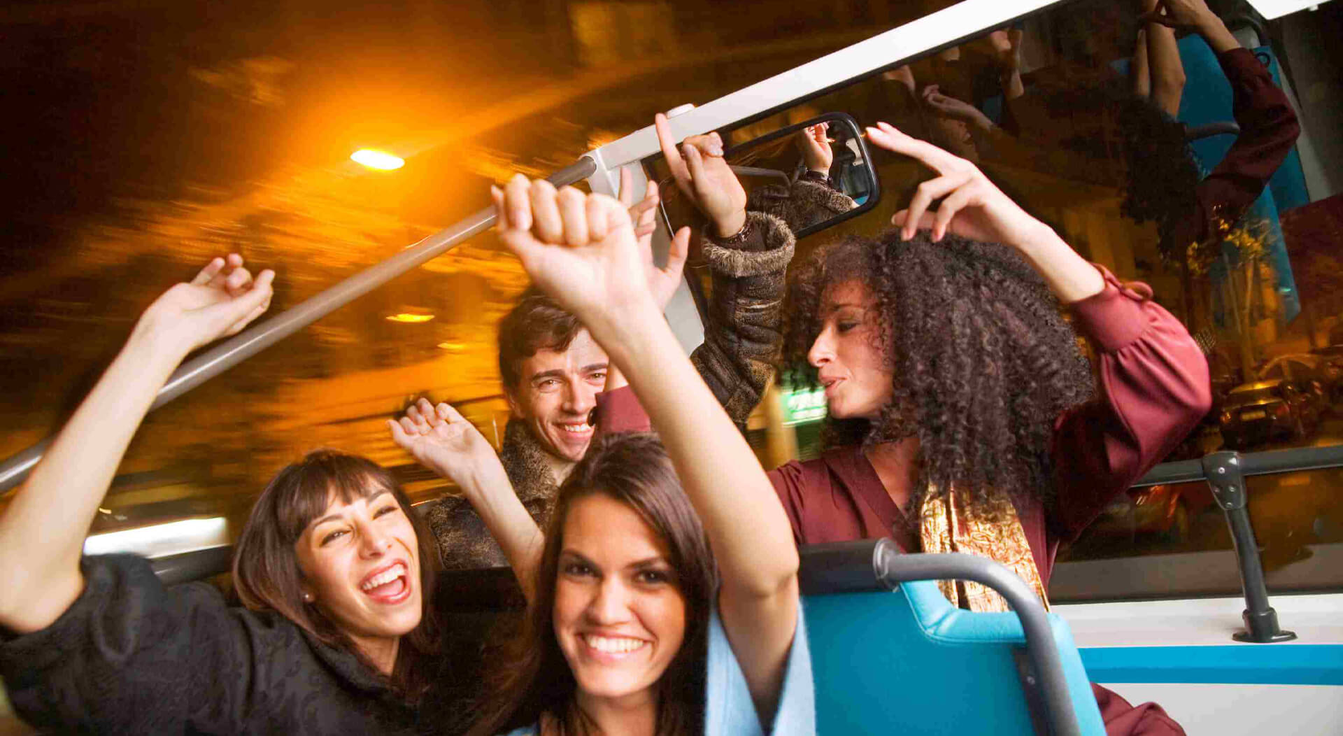 group of friends in a party bus