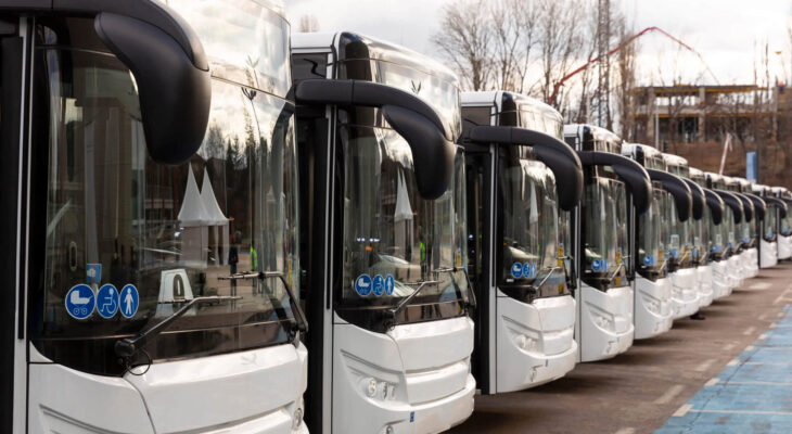 new white modern buses lined up at a bus parking lot