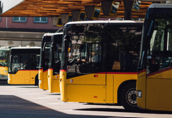 group of yellow coach buses in a parking lot