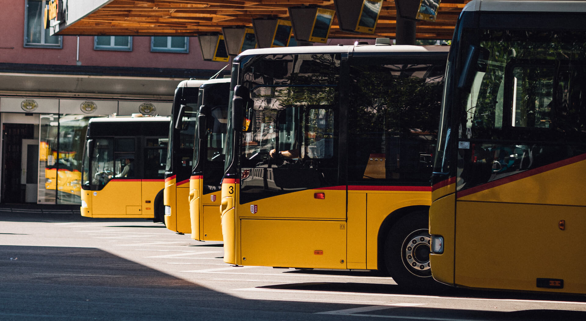 group of buses lined up at a bus rental business