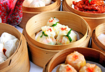 different types of dimsum served on a table