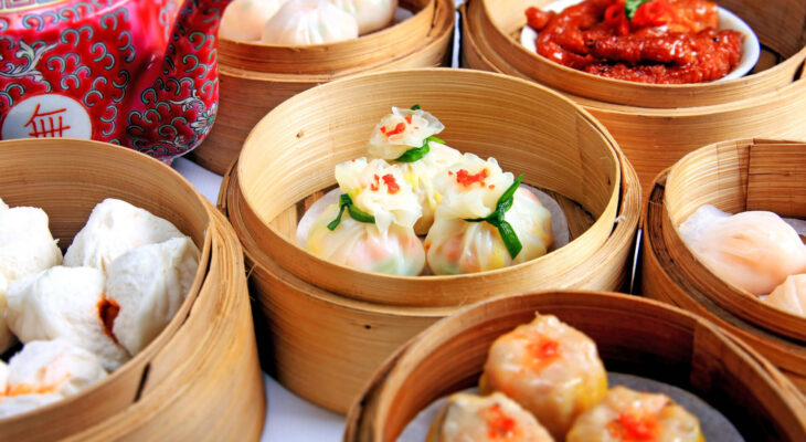 different types of dimsum served on a table