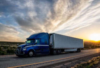 blue 18-wheeler truck on the road during sunset