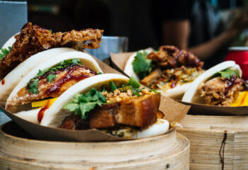 food wrapped in a thick bread displayed at the food truck counter