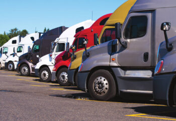 big rigs semi trucks of different colors, makes, and models stand in row on truck stop parking lot