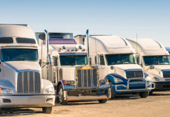 white semi trucks lined up in a truck parking lot