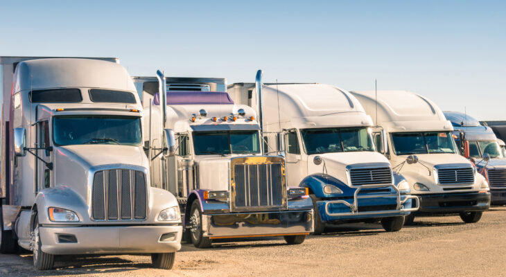 white semi trucks lined up in a truck parking lot